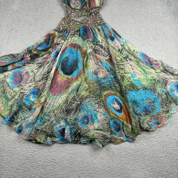 Jovani Women’s 2 Peacock Print Sequin Silk Open Back Halter Long Prom Gown Dress - Picture 4 of 12